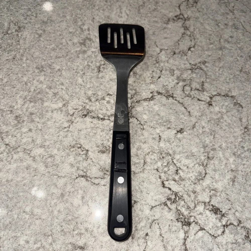Vintage CK Stainless Steel Slotted Spatula Turner Heavy Duty Melt Marks 12 In